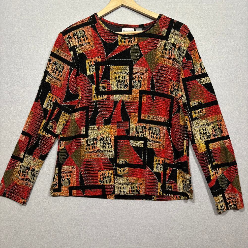 Chico’s Abstract Geometric Print Shirt‎ Size 2 Large Artsy Bold Statement Boho